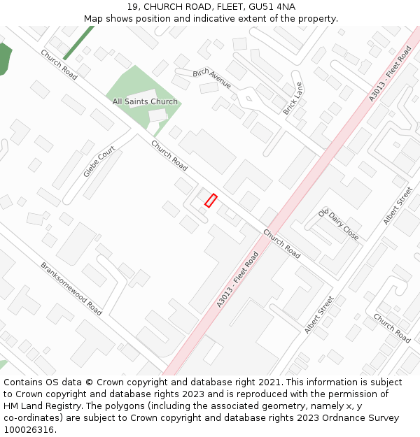 19, CHURCH ROAD, FLEET, GU51 4NA: Location map and indicative extent of plot