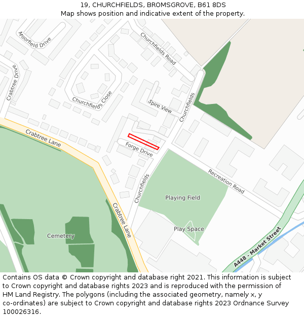 19, CHURCHFIELDS, BROMSGROVE, B61 8DS: Location map and indicative extent of plot