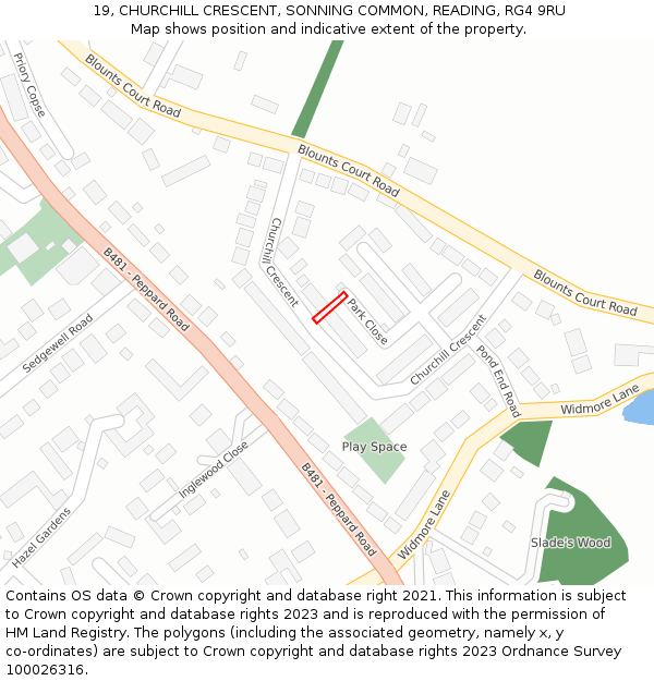 19, CHURCHILL CRESCENT, SONNING COMMON, READING, RG4 9RU: Location map and indicative extent of plot