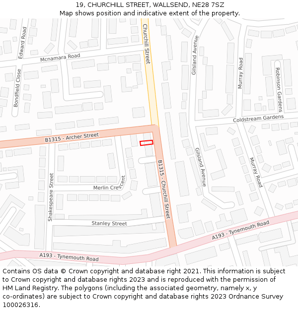 19, CHURCHILL STREET, WALLSEND, NE28 7SZ: Location map and indicative extent of plot