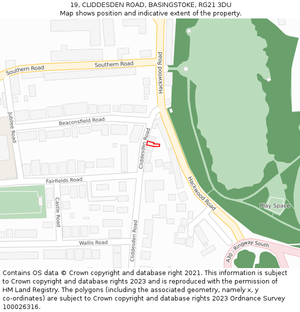 19, CLIDDESDEN ROAD, BASINGSTOKE, RG21 3DU: Location map and indicative extent of plot