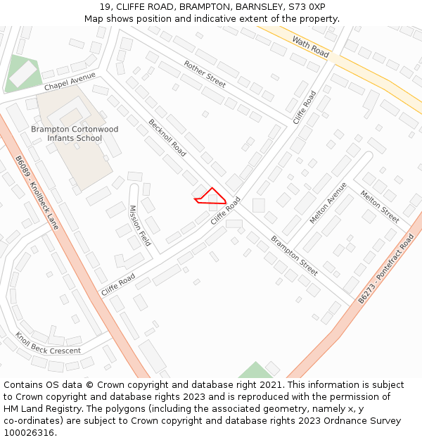 19, CLIFFE ROAD, BRAMPTON, BARNSLEY, S73 0XP: Location map and indicative extent of plot