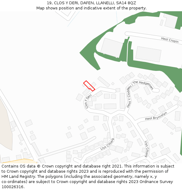 19, CLOS Y DERI, DAFEN, LLANELLI, SA14 8QZ: Location map and indicative extent of plot