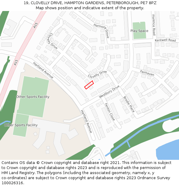 19, CLOVELLY DRIVE, HAMPTON GARDENS, PETERBOROUGH, PE7 8PZ: Location map and indicative extent of plot