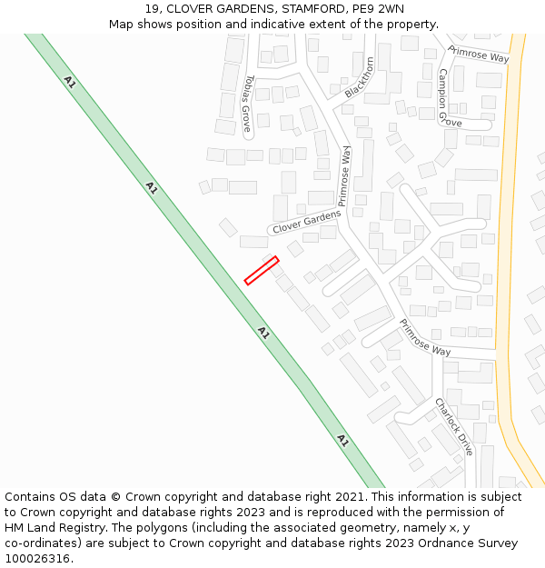 19, CLOVER GARDENS, STAMFORD, PE9 2WN: Location map and indicative extent of plot