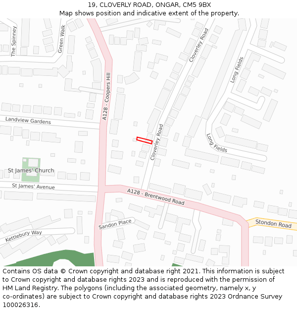 19, CLOVERLY ROAD, ONGAR, CM5 9BX: Location map and indicative extent of plot
