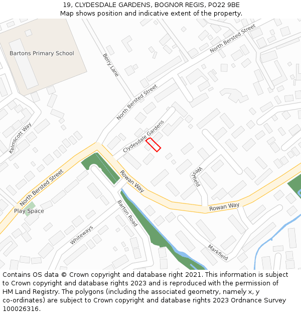 19, CLYDESDALE GARDENS, BOGNOR REGIS, PO22 9BE: Location map and indicative extent of plot