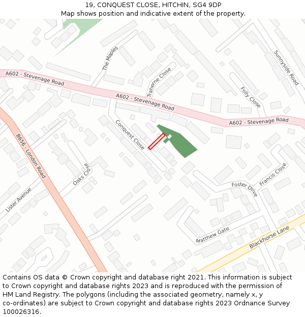 19, CONQUEST CLOSE, HITCHIN, SG4 9DP: Location map and indicative extent of plot