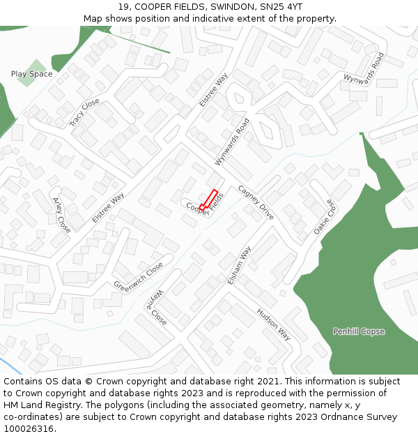 19, COOPER FIELDS, SWINDON, SN25 4YT: Location map and indicative extent of plot
