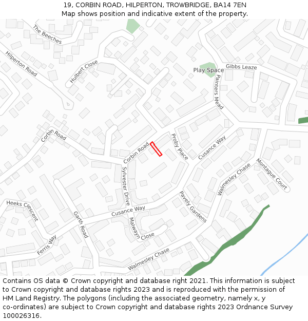 19, CORBIN ROAD, HILPERTON, TROWBRIDGE, BA14 7EN: Location map and indicative extent of plot