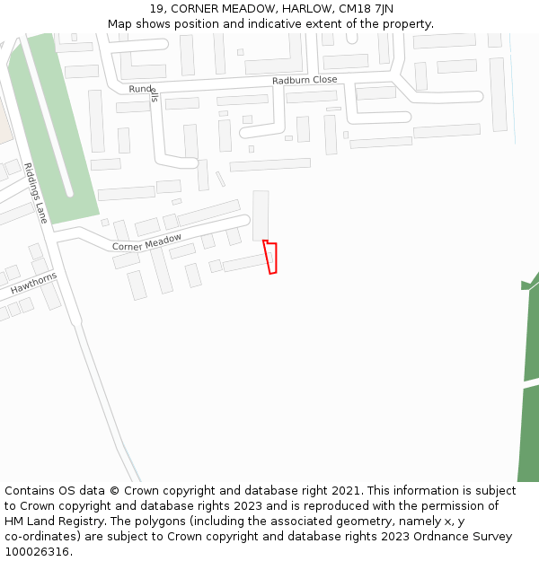 19, CORNER MEADOW, HARLOW, CM18 7JN: Location map and indicative extent of plot