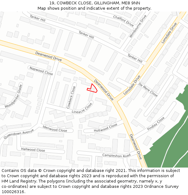 19, COWBECK CLOSE, GILLINGHAM, ME8 9NN: Location map and indicative extent of plot