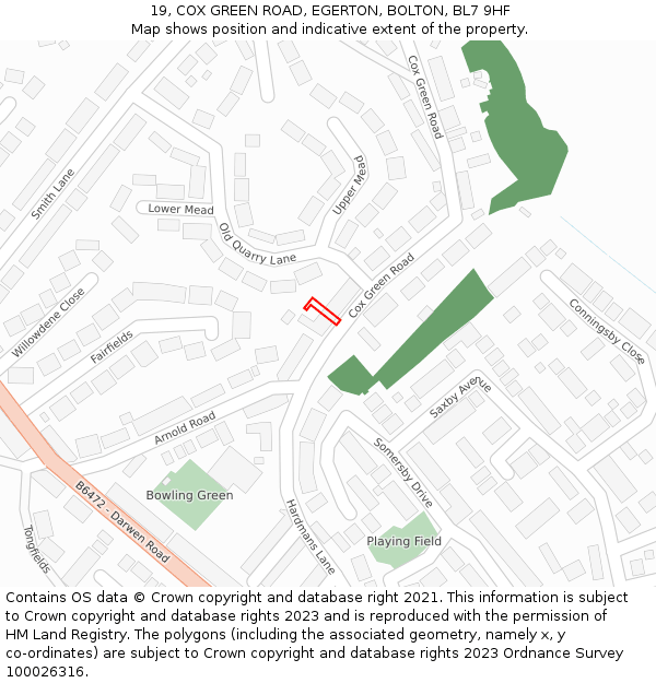 19, COX GREEN ROAD, EGERTON, BOLTON, BL7 9HF: Location map and indicative extent of plot