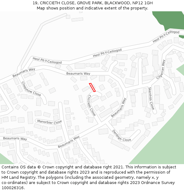 19, CRICCIETH CLOSE, GROVE PARK, BLACKWOOD, NP12 1GH: Location map and indicative extent of plot
