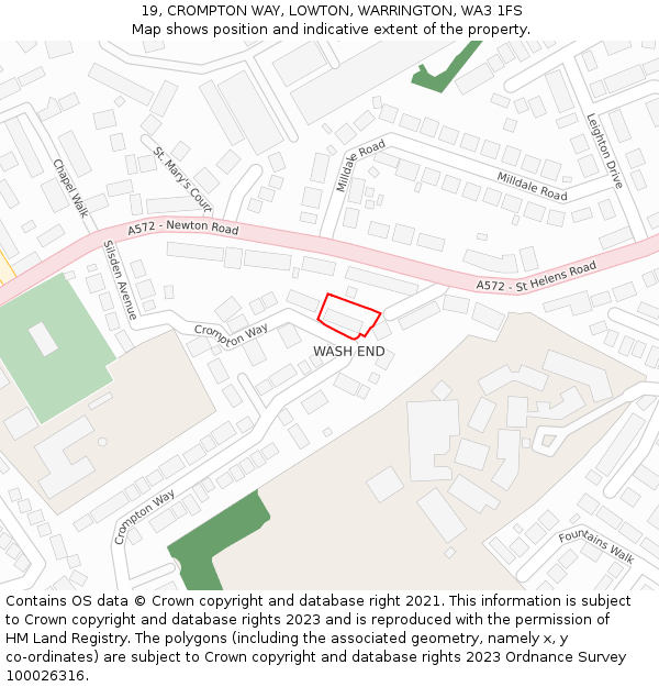 19, CROMPTON WAY, LOWTON, WARRINGTON, WA3 1FS: Location map and indicative extent of plot