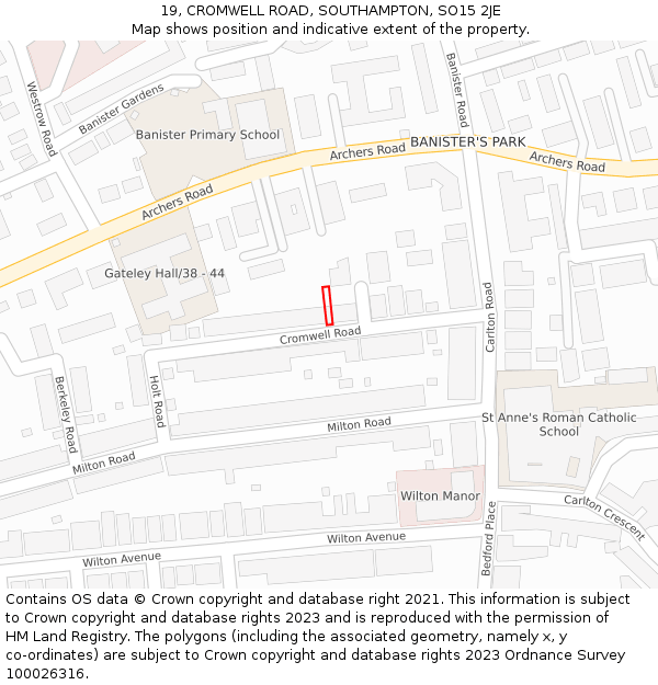 19, CROMWELL ROAD, SOUTHAMPTON, SO15 2JE: Location map and indicative extent of plot