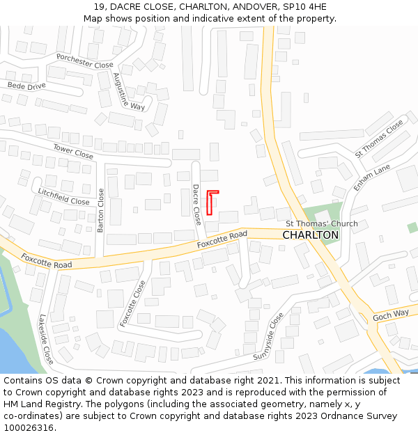 19, DACRE CLOSE, CHARLTON, ANDOVER, SP10 4HE: Location map and indicative extent of plot