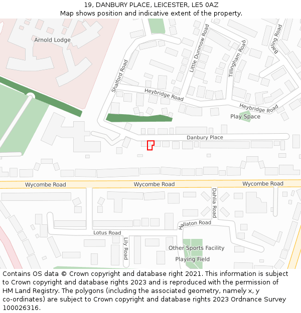 19, DANBURY PLACE, LEICESTER, LE5 0AZ: Location map and indicative extent of plot