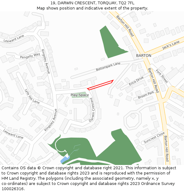 19, DARWIN CRESCENT, TORQUAY, TQ2 7FL: Location map and indicative extent of plot