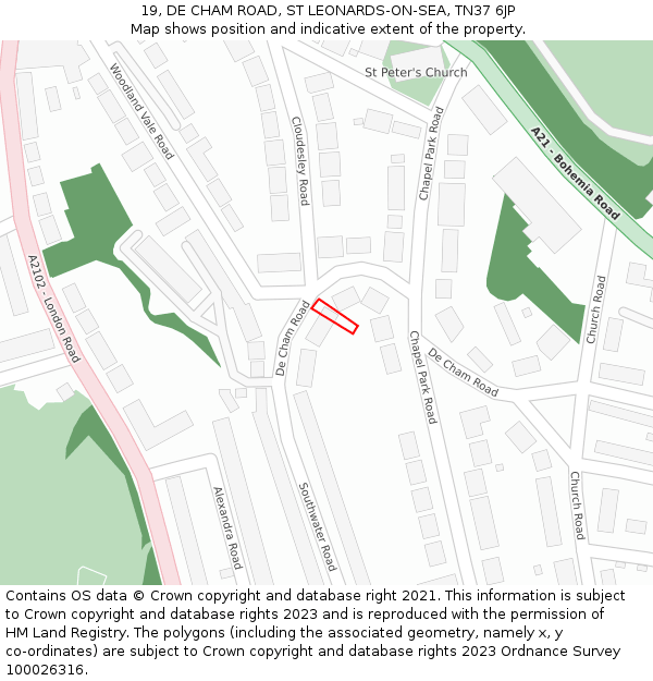 19, DE CHAM ROAD, ST LEONARDS-ON-SEA, TN37 6JP: Location map and indicative extent of plot