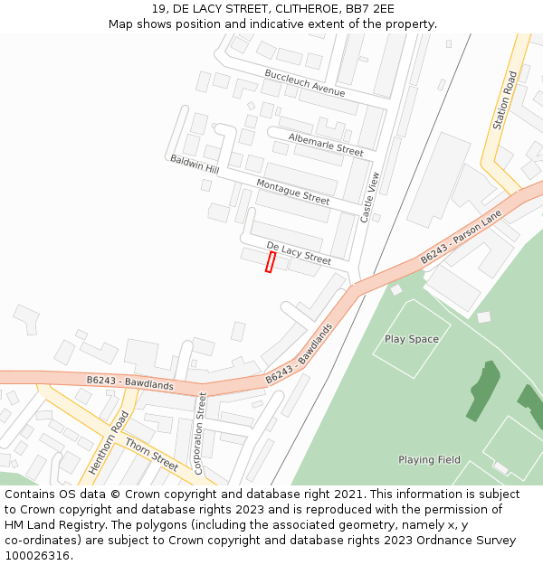 19, DE LACY STREET, CLITHEROE, BB7 2EE: Location map and indicative extent of plot