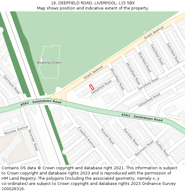 19, DEEPFIELD ROAD, LIVERPOOL, L15 5BX: Location map and indicative extent of plot