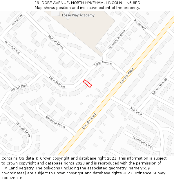 19, DORE AVENUE, NORTH HYKEHAM, LINCOLN, LN6 8ED: Location map and indicative extent of plot