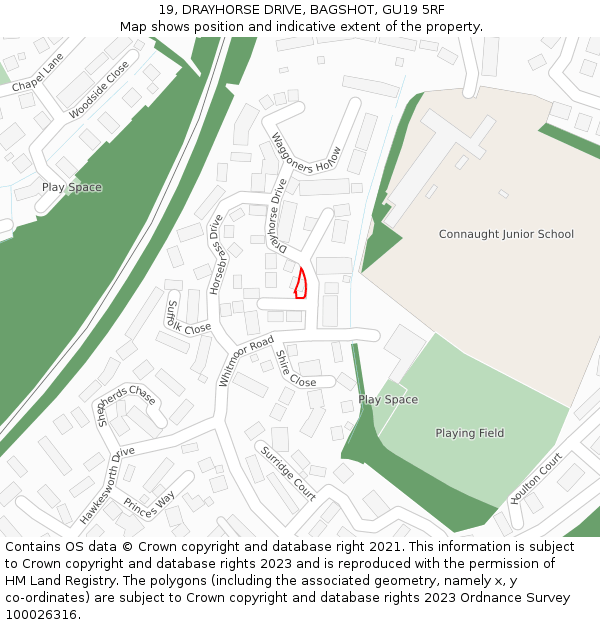 19, DRAYHORSE DRIVE, BAGSHOT, GU19 5RF: Location map and indicative extent of plot