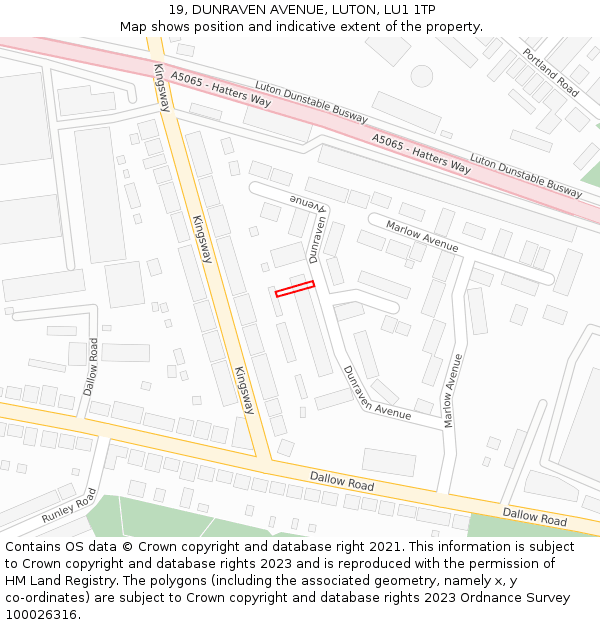 19, DUNRAVEN AVENUE, LUTON, LU1 1TP: Location map and indicative extent of plot