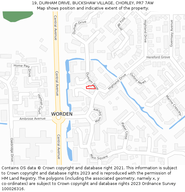 19, DURHAM DRIVE, BUCKSHAW VILLAGE, CHORLEY, PR7 7AW: Location map and indicative extent of plot