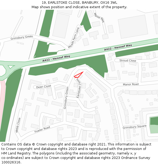 19, EARLSTOKE CLOSE, BANBURY, OX16 3WL: Location map and indicative extent of plot