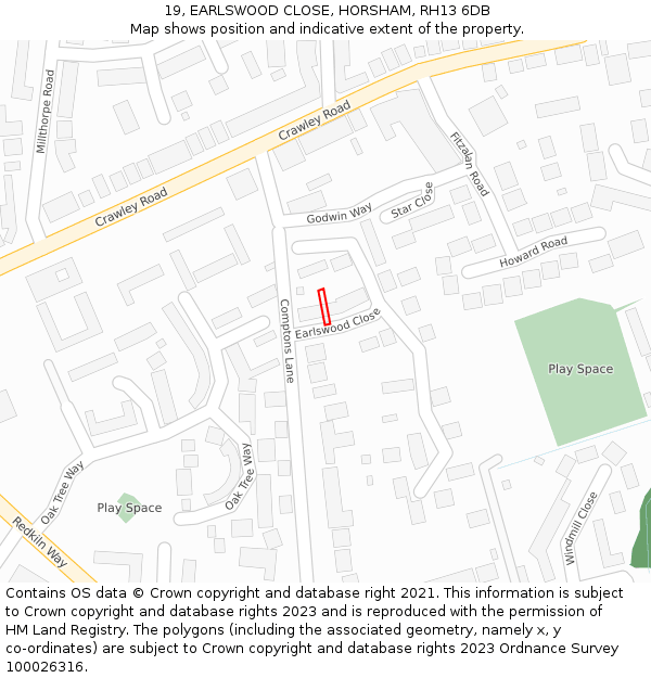 19, EARLSWOOD CLOSE, HORSHAM, RH13 6DB: Location map and indicative extent of plot
