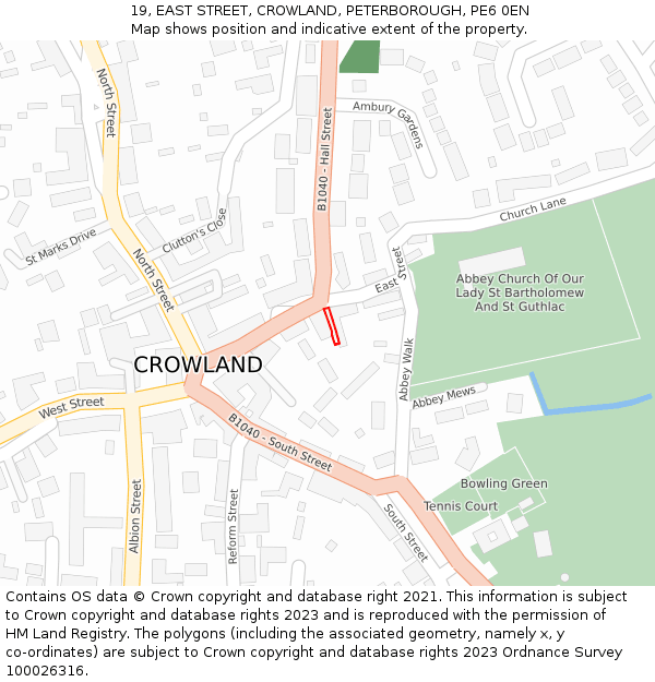 19, EAST STREET, CROWLAND, PETERBOROUGH, PE6 0EN: Location map and indicative extent of plot