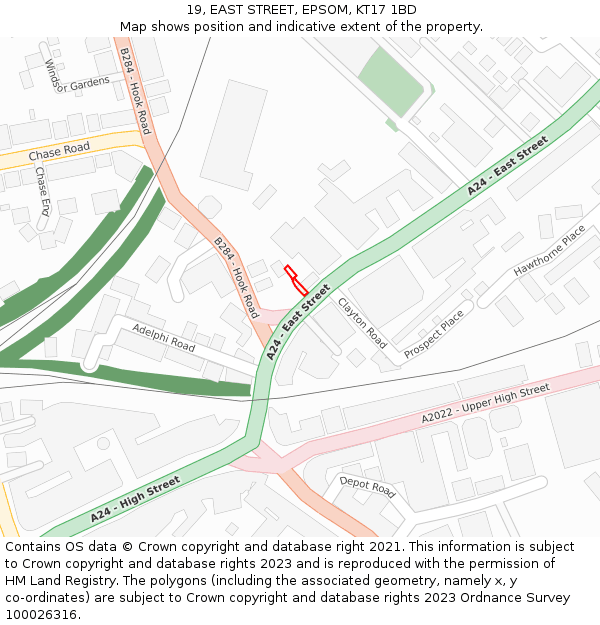 19, EAST STREET, EPSOM, KT17 1BD: Location map and indicative extent of plot
