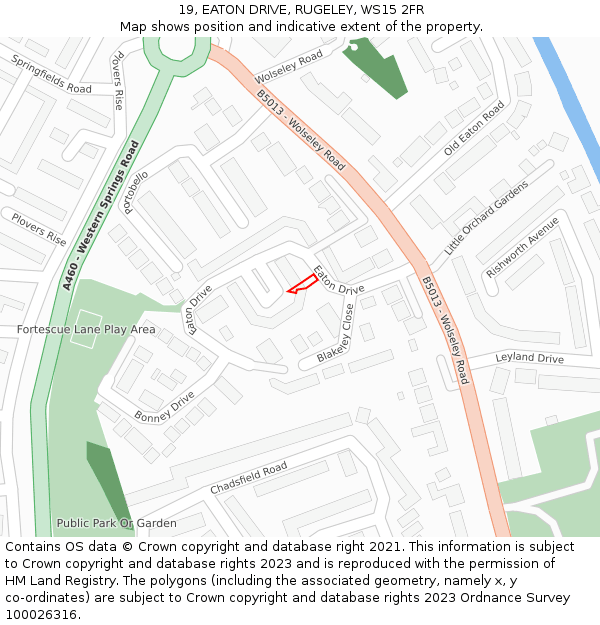 19, EATON DRIVE, RUGELEY, WS15 2FR: Location map and indicative extent of plot