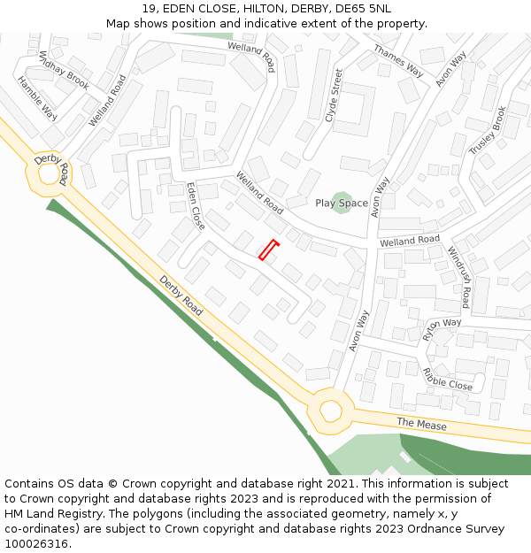 19, EDEN CLOSE, HILTON, DERBY, DE65 5NL: Location map and indicative extent of plot