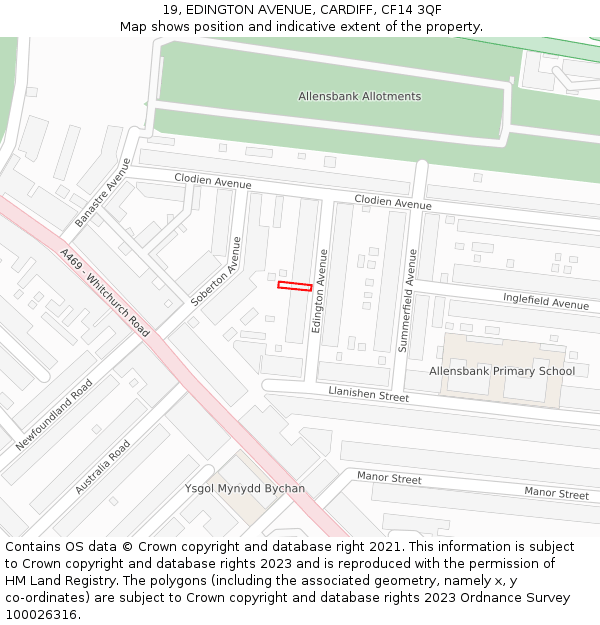 19, EDINGTON AVENUE, CARDIFF, CF14 3QF: Location map and indicative extent of plot