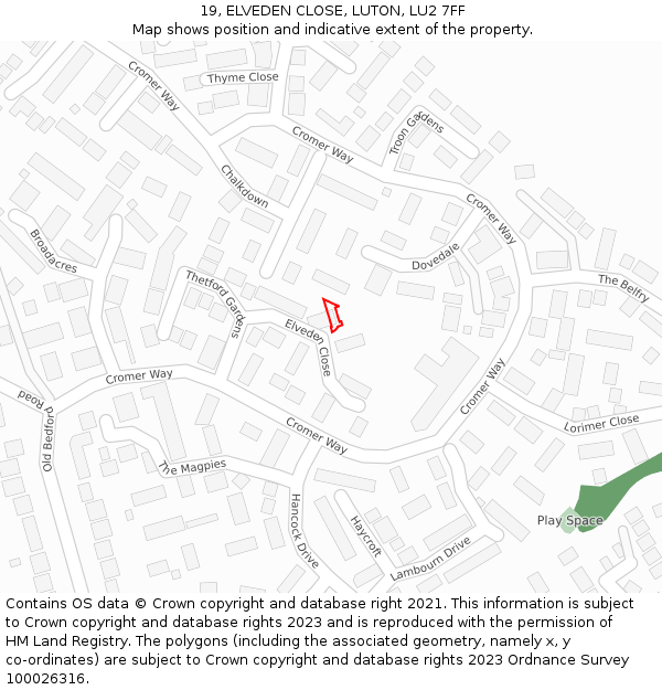 19, ELVEDEN CLOSE, LUTON, LU2 7FF: Location map and indicative extent of plot