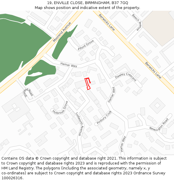 19, ENVILLE CLOSE, BIRMINGHAM, B37 7GQ: Location map and indicative extent of plot