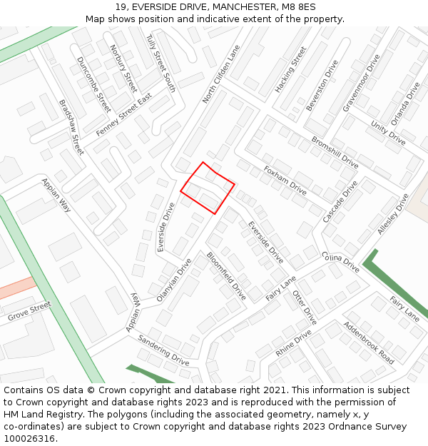 19, EVERSIDE DRIVE, MANCHESTER, M8 8ES: Location map and indicative extent of plot