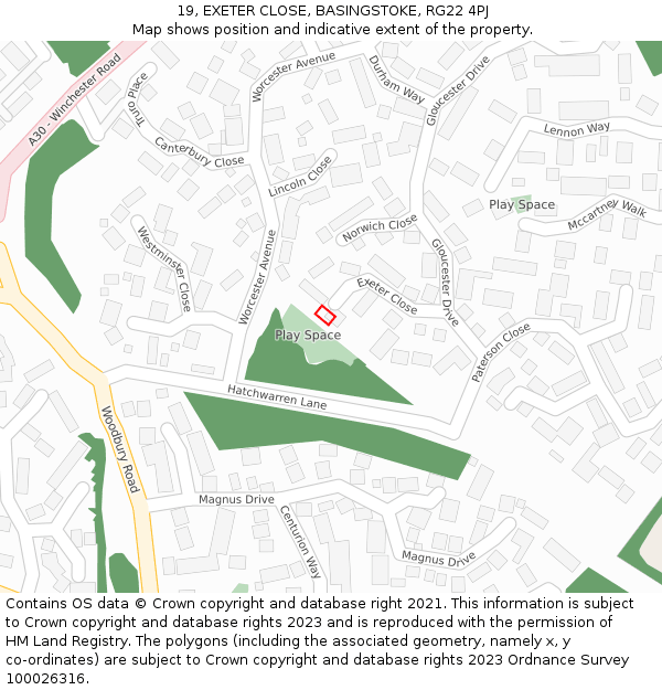 19, EXETER CLOSE, BASINGSTOKE, RG22 4PJ: Location map and indicative extent of plot