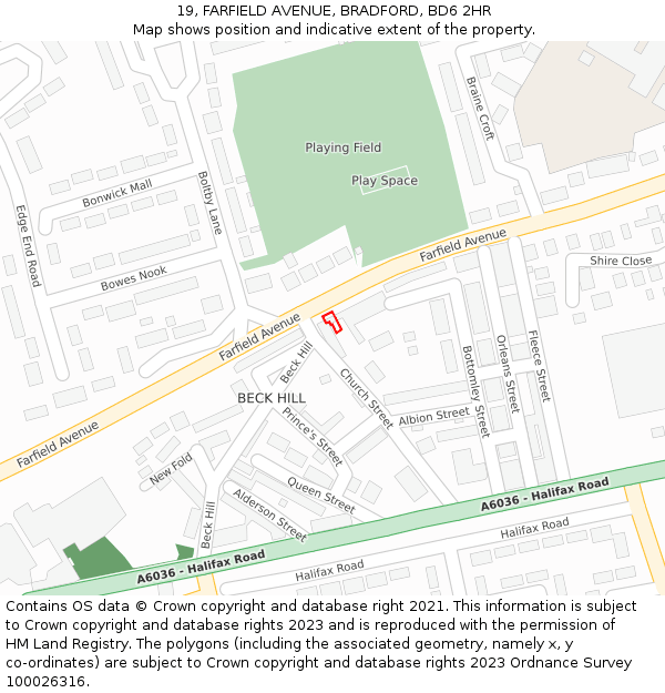 19, FARFIELD AVENUE, BRADFORD, BD6 2HR: Location map and indicative extent of plot