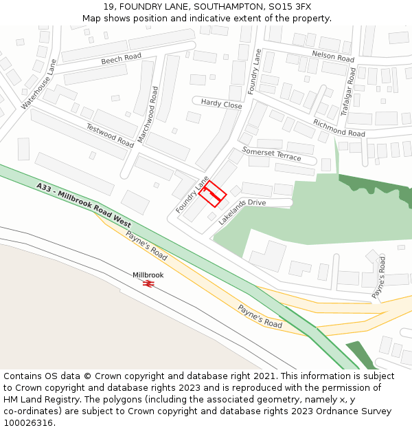 19, FOUNDRY LANE, SOUTHAMPTON, SO15 3FX: Location map and indicative extent of plot