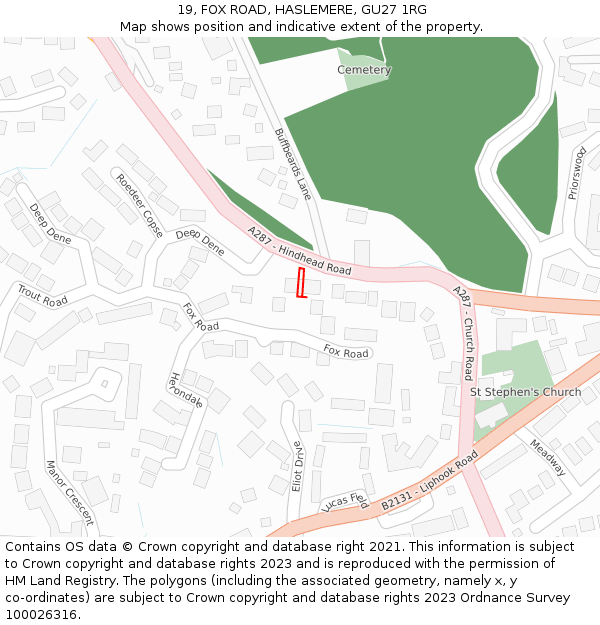 19, FOX ROAD, HASLEMERE, GU27 1RG: Location map and indicative extent of plot
