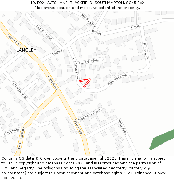 19, FOXHAYES LANE, BLACKFIELD, SOUTHAMPTON, SO45 1XX: Location map and indicative extent of plot