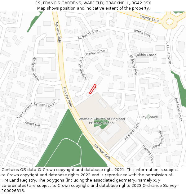 19, FRANCIS GARDENS, WARFIELD, BRACKNELL, RG42 3SX: Location map and indicative extent of plot