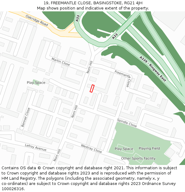 19, FREEMANTLE CLOSE, BASINGSTOKE, RG21 4JH: Location map and indicative extent of plot