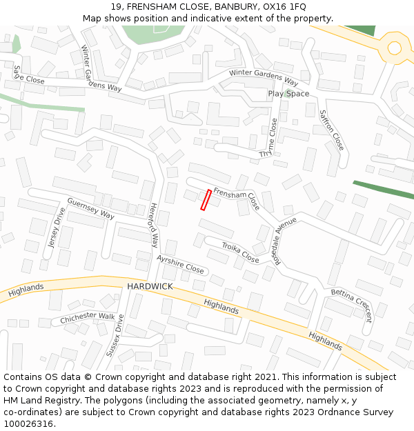 19, FRENSHAM CLOSE, BANBURY, OX16 1FQ: Location map and indicative extent of plot
