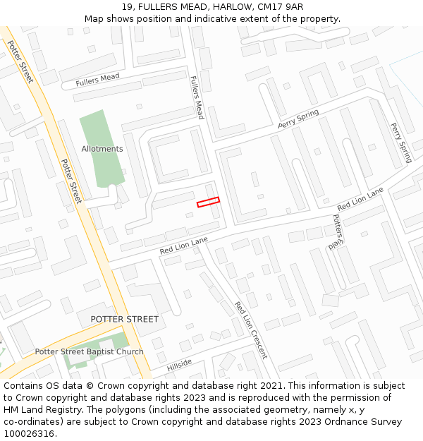 19, FULLERS MEAD, HARLOW, CM17 9AR: Location map and indicative extent of plot