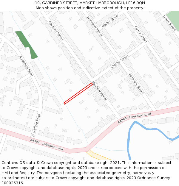 19, GARDINER STREET, MARKET HARBOROUGH, LE16 9QN: Location map and indicative extent of plot